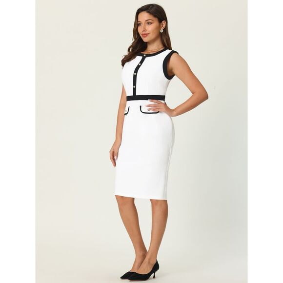 Women's Work Dresses Sleeveless Contrast Color Sheath Dress White - Picture 3 of 6